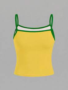 SHEIN 休闲运动风都市字母 BRAZIL 图案撞色滚边少女修身运动吊带背心，适合春夏日常穿着、街头风、运动、世界杯等场合。 - 彩色 - 查看 2