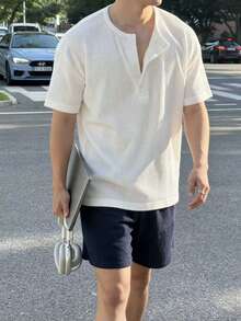 Neovey Men's Solid Color Button Half Placket Short Sleeve Casual T-Shirt - White - View 3