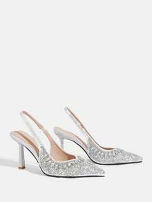 CUCCOO TILAWA Women's Pointed Toe Rhinestone Embellished High Heel Silver Sandals For Vibe And Spring Shoes Spring Break Easter Prom Heels For Christmas - Silver - View 6