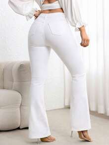 SHEIN PETITE 女士纯色高腰休闲百搭喇叭牛仔裤 - 白色 - 查看 2