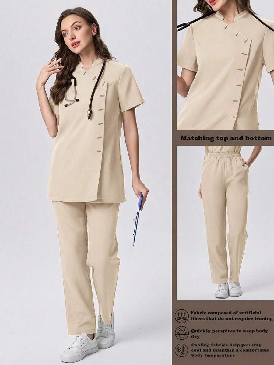 Scrubzie Bộ đồng phục y tế nữ chống nhăn, cổ tàu, tay ngắn, nhiều nút, gồm áo và quần. - Màu be - Xem 1