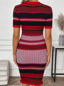 SHEIN Vestido corto de mujer con cuello redondo, ajustado y con rayas retro - Multicolor - Ver 2