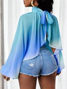 BamGleam 女士扎染立领休闲百搭日常短袖衬衫 - 藍色 - 查看 2