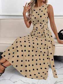 SHEIN Clasi 女士印花圆领腰带口袋无袖宽松休闲波点连衣裙，夏季波点连衣裙，女士休闲连衣裙，女士夏季连衣裙，女士波点连衣裙 - 駝色 - 查看 3