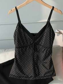 Comfortcana 女士黑白波点印花系带吊带背心 - 黑色 - 查看 4