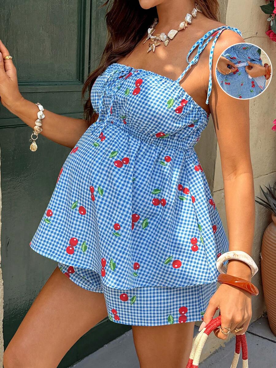 SHEIN 2pcs Maternity Plaid Cherry Print Camisole And Adjustable Waist Shorts Set, Vacation - Blue and White - View 1