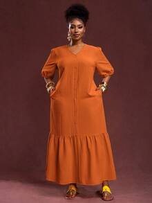 Slaydiva Bộ trang phục cỡ lớn phong cách vintage miền Tây cho mùa xuân/hè 2025, thích hợp cho lễ hội âm nhạc/club/chuyến đi đường dài/kỳ nghỉ/thường ngày/nghỉ ngắn ngày/lễ tốt nghiệp, trang phục thanh lịch dành cho nữ, dáng rộng màu vàng, họa tiết kẻ caro nổi bật, cổ chữ V, tay phồng, dáng chữ H, viền bèo nhún. - trái cam - Xem 8