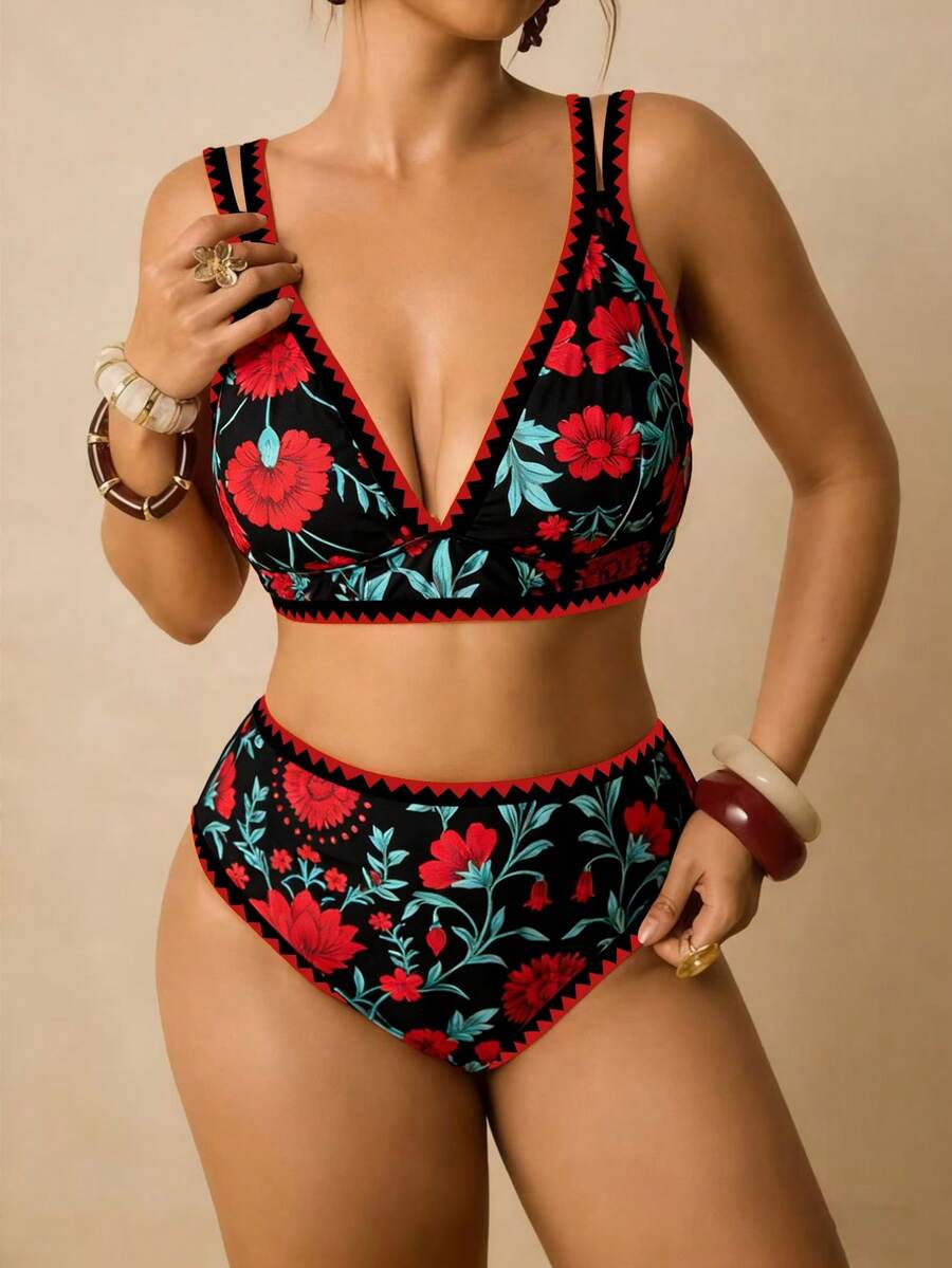 Travachic Plus Size Women Fuchsia Floral Print Swimwear Set Summer Beach Outfit Vacation Bikini Bathing Suits