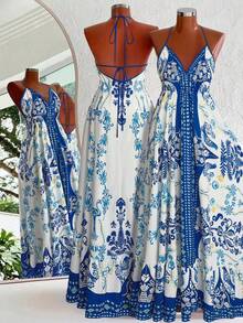 Sweetra Plus Size V-Neck Spaghetti Strap Backless Floral Print Blue & White Contrast Elegant Vintage Casual Cute Beach Maxi Dress For Women - Blue and White - View 1