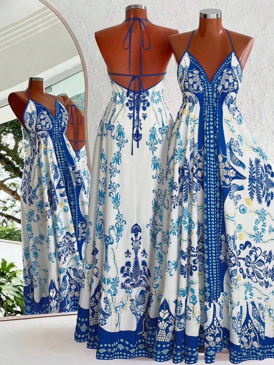 Sweetra Plus Size V-Neck Spaghetti Strap Backless Floral Print Blue & White Contrast Elegant Vintage Casual Cute Beach Maxi Dress For Women - Blue and White - View 1