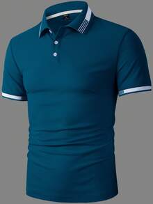 Manfinity Mode 男士撞色领口袖口短袖Polo衫 - 水鴨藍 - 查看 3
