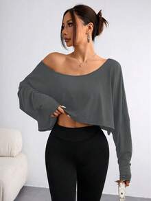 Elenzga 大码女式不对称领长袖短款休闲T恤，纯色，秋季款 - 深灰色 - 查看 5