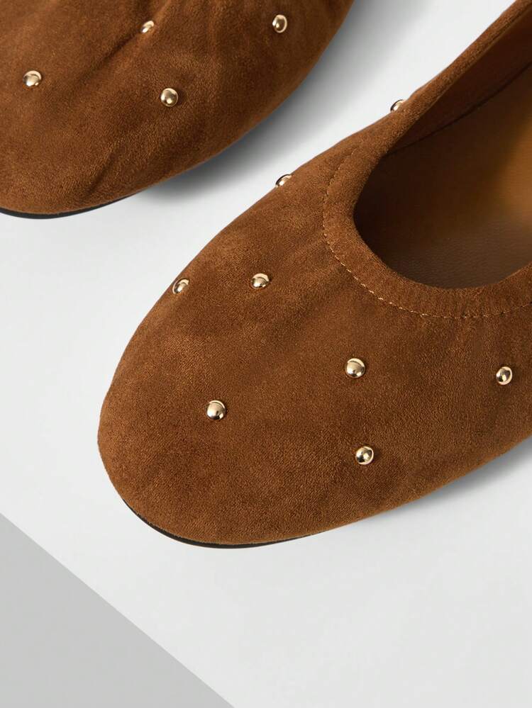 WOMEN SUDED STUDDED DETAIL ROUND TOE FLATS VALENTINE'S DAY