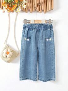 女婴可爱花卉刺绣松紧腰宽松阔腿蓝色牛仔裤，春夏款 - 淺色水洗藍 - 查看 1