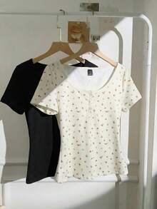 CovetEZ 2pcs Women's Summer Casual Everyday Outfits,Solid Black And Beige Floral Pattern Short Sleeve T-Shirts, Comfortable Fabric Fashionable Top - Multicolor - View 5