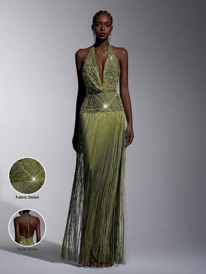 Elitara Elegant, Luxurious, Glamorous Pearl & Sequin Floral Sexy Deep V-Neck Backless Tassel Mermaid Maxi Dress, Suitable For Weddings, Parties, Holidays, Galas, Formal Events Green Gown Glamorous Dress Fringe Dress Green Sparkly Dress Halter Neck Dress