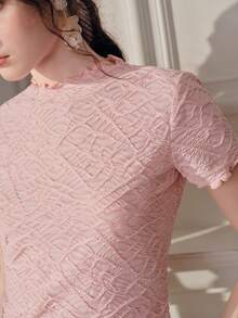 Anewsta Elegant Textured Pink Crew Neck Ruched Design Fitted Short Sleeve T-Shirt For Women - Pink - View 2
