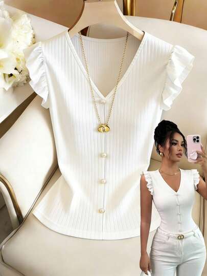 GlowEve Camiseta de mujer de unicolor con cuello en V, diseño de botones de perlas falsas y mangas acampanadas