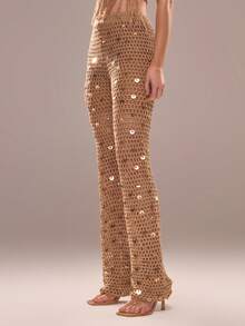 MUSERA Quần ống đứng dệt kim đính họa tiết, thích hợp cho kỳ nghỉ hè, đi biển, Ibiza, lễ hội, thanh lịch, trăng anh đào. - Vàng - Xem 3