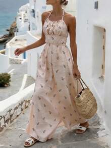 Breezaya Women's Summer Vacation Ditsy Floral Backless Tie-Front Maxi Dress, Elegant Style For Commute, Daily Wear, Summer, Party, Beach, Date, Graduation, Business Office - Apricot - View 1