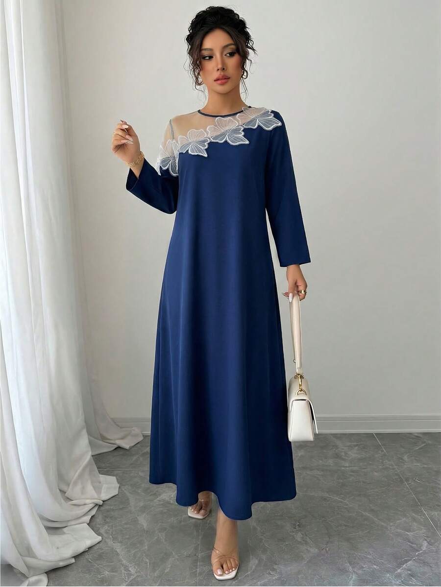 Rafferiza Gaun Lengan Panjang Transparan Motif Bunga 3D untuk Wanita - Navy Blue - View 1