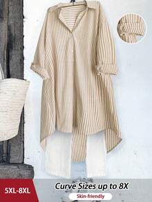 SHEIN CURVE+ 大码女式休闲百搭法式复古优雅都市女性风，独特经典蓝白条纹设计，修身优雅，适合搭配衬衫、外套等。 - 卡其色 - 查看 5