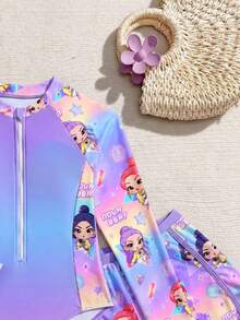 新款时尚女童泳衣套装，连体泳衣带短裤，前拉链，两件套泳装 - 彩色 - 查看 4