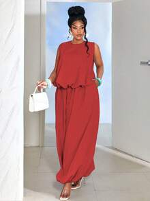 Maweii Conjunto de 2 piezas de top sin mangas y pantalones de unicolor minimalista talla grande - Rojo - Ver 5