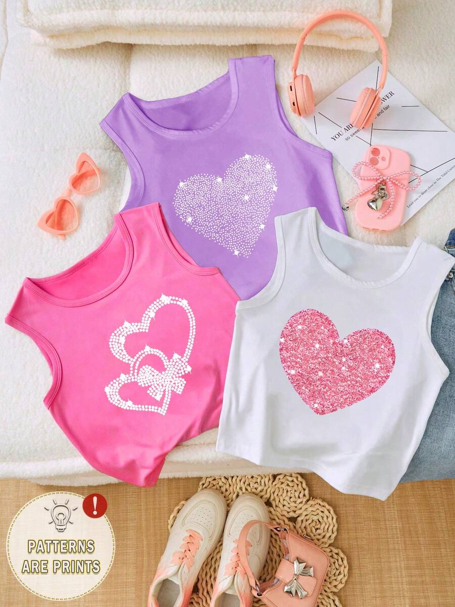 Sparklyn Bộ 3 áo tank top in hình trái tim thời trang thường ngày SS26, phù hợp cho bé gái và phụ nữ, mùa xuân/hè, màu sắc: đỏ hồng, tím, trắng. - trắng - Xem 1