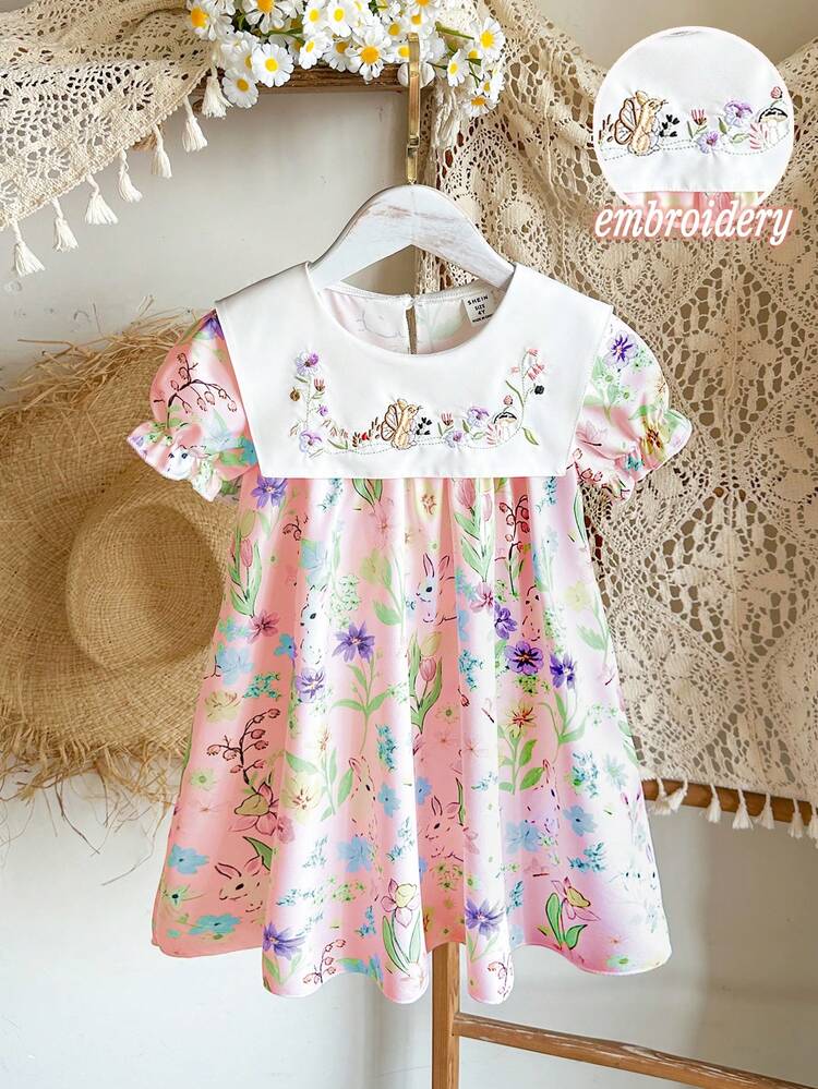 Elladie kids 女童春夏休闲可爱新款连衣裙，正面饰有可爱的刺绣兔子图案，白色梭织面料印有可爱的兔子图案，短泡泡袖，圆领设计，适合可爱、俏皮、优雅的女童日常休闲穿着，也适合日常上学、郊游、度假、派对、拍照等场合。春夏休闲连衣裙，女童连衣裙，儿童服装，女童夏季服装。柔软舒适。 - 粉色 - 查看 4