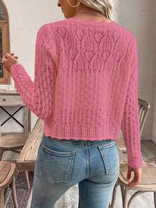 EMERY ROSE Women's Round Neck Hollow Front Button Cardigan, Autumn/Winter Knitted Sweater Jacket - Pink - View 2