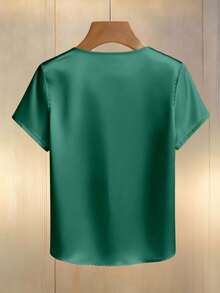 SHEIN LUNE 女士香槟色优雅圆领珍珠装饰长袖衬衫，缎面面料，适合通勤和日常优雅穿着 - 橄欖綠 - 查看 2