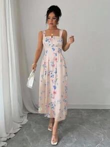 Elenzga Mẫu đầm dài xếp ly thanh lịch, họa tiết hoa mùa xuân/hè mới nhất dành cho nữ. - Bụi hồng - Xem 4