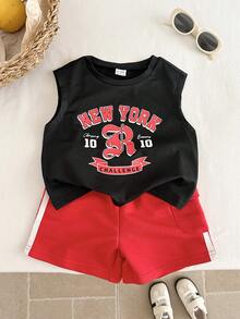 2pcs Baby Boy Black And Red Summer Casual Beach Sports Contrast Color Letter & Graphic Knit Soft Round Neck Pullover Top And Elastic Waist Shorts Set - Multicolor - View 4