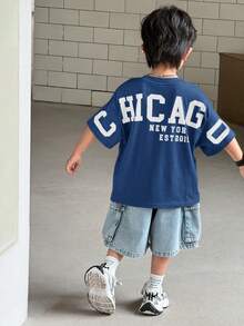 SHEIN Little Byeori 1pc Young Boys Loose Round Neck T-Shirt With Back Letter Print,Casual Japanese & Korean Style Summer 80s Career Day Back-To-School Kids Outfits - Navy Blue - View 4