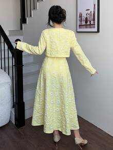 Modelyn Petite Elegant Yellow Jacquard Dress & Jacket Set For Outing - Yellow - View 2