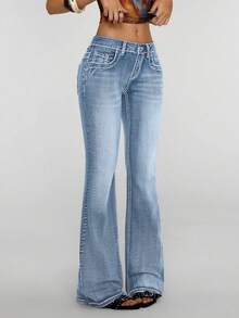 SHEIN Tall Women's Low-Waist Versatile Embroidered Flare Leg Jeans - Light Wash - View 7