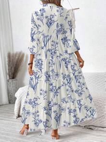 SHEIN LUNE فستان نسائي كاجوال أنيق مقاس كبير مطبوع بالزهور، مناسب للخريف/الشتاء - الأزرق - مشاهدة 4