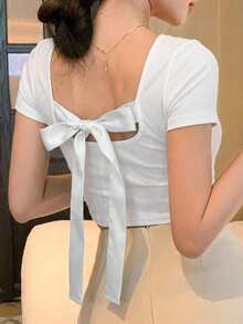 DAZY 女士夏季露背系带蝴蝶结性感休闲短袖T恤 - 白色 - 查看 1