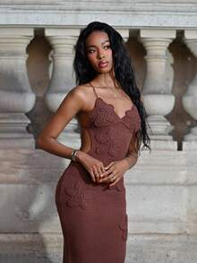 Mima John 手工钩编修身无袖碎花连衣裙，浪漫海滩度假/约会装，春夏派对装 - 咖啡 - 查看 3