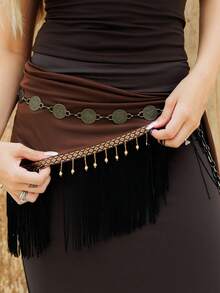 Bela Noronha Spring/Summer Women's Retro Hippie Western Music Festival Paisley Print Drawstring Hem Sheer Beaded Fringe Cover Up Skirt - Brown - View 4