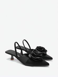 Eladyva Chaussures à bout pointu minimalistes de couleur unie pour femmes, polyvalentes, élégantes, convenant pour les banquets avec des talons hauts confortables et à la mode en matière de satin avec décoration florale - Noir - Voir 4