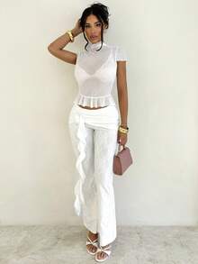 Sirith 女士蕾丝花卉图案白色喇叭裤 - 白色 - 查看 3