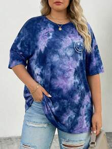SHEIN CURVE+ 夏季女士扎染印花圆领短袖T恤，大码可选 - 紫色 - 查看 7