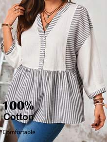 EMERY ROSE Blusa de mujer talla grande con rayas y patchwork, manga 3/4, blanca estilo boho para otoño y vacaciones, túnica casual, blusa elegante de negocios con volantes para verano - Multicolor - Ver 1
