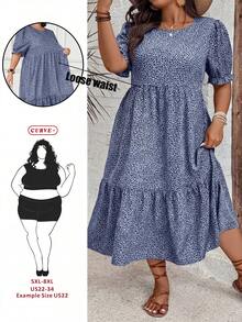 SHEIN CURVE+ Đầm nữ cỡ lớn in họa tiết da báo, cổ tròn, tay ngắn, eo xếp ly, dáng chữ A, kiểu dáng thường ngày, phong cách phương Tây, đi biển, bohemian. - Màu xanh hải quân - Xem 1