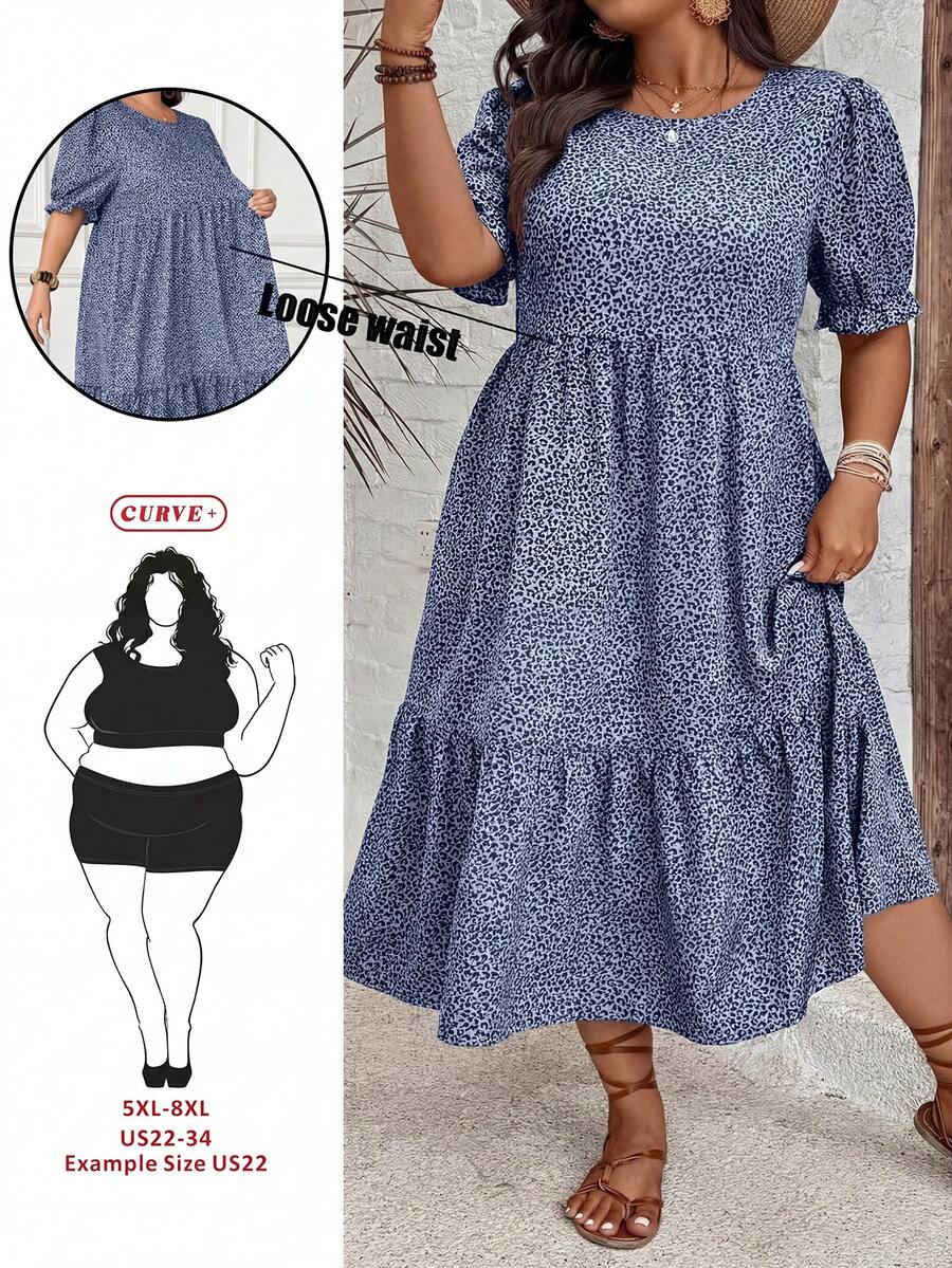 SHEIN CURVE+ Đầm nữ cỡ lớn in họa tiết da báo, cổ tròn, tay ngắn, eo xếp ly, dáng chữ A, kiểu dáng thường ngày, phong cách phương Tây, đi biển, bohemian. - Màu xanh hải quân - Xem 1