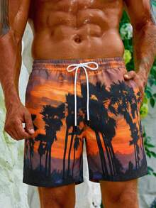 Manfinity Swimmode Men's Tropical Print Drawstring Beach Shorts Men Palm Tree Swim Shorts Hawaii Trunks - Multicolor - View 1