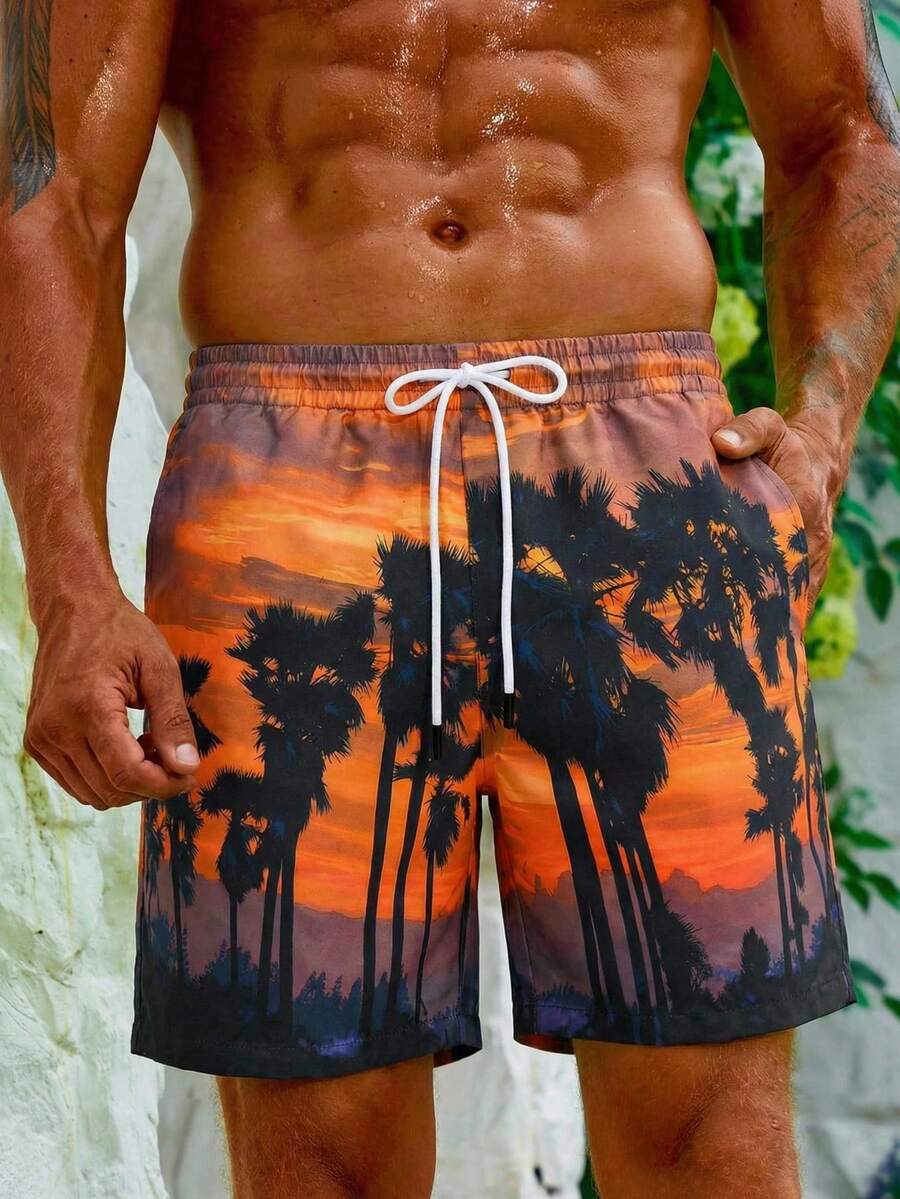 Manfinity Swimmode Men's Tropical Print Drawstring Beach Shorts Men Palm Tree Swim Shorts Hawaii Trunks - Multicolor - View 1