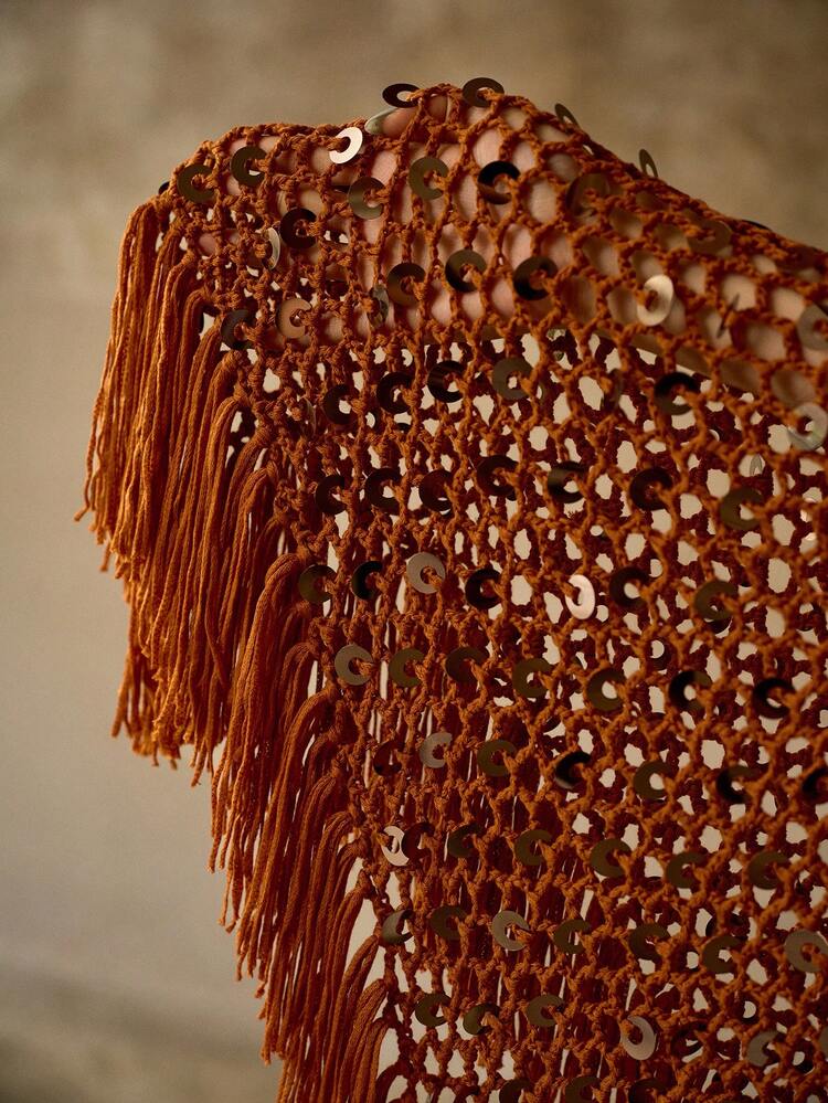 HANDMADE KNITTED TASSEL BOHEMIAN SEQUIN ASYMMETRIC HEM VACATION COVER-UP